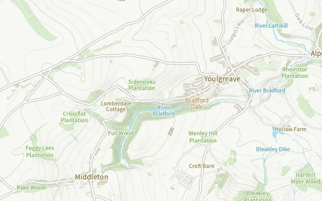 Map showing the swim entry at River Bradford at Youlgreave (Bradford Dale) and the recommended parking.